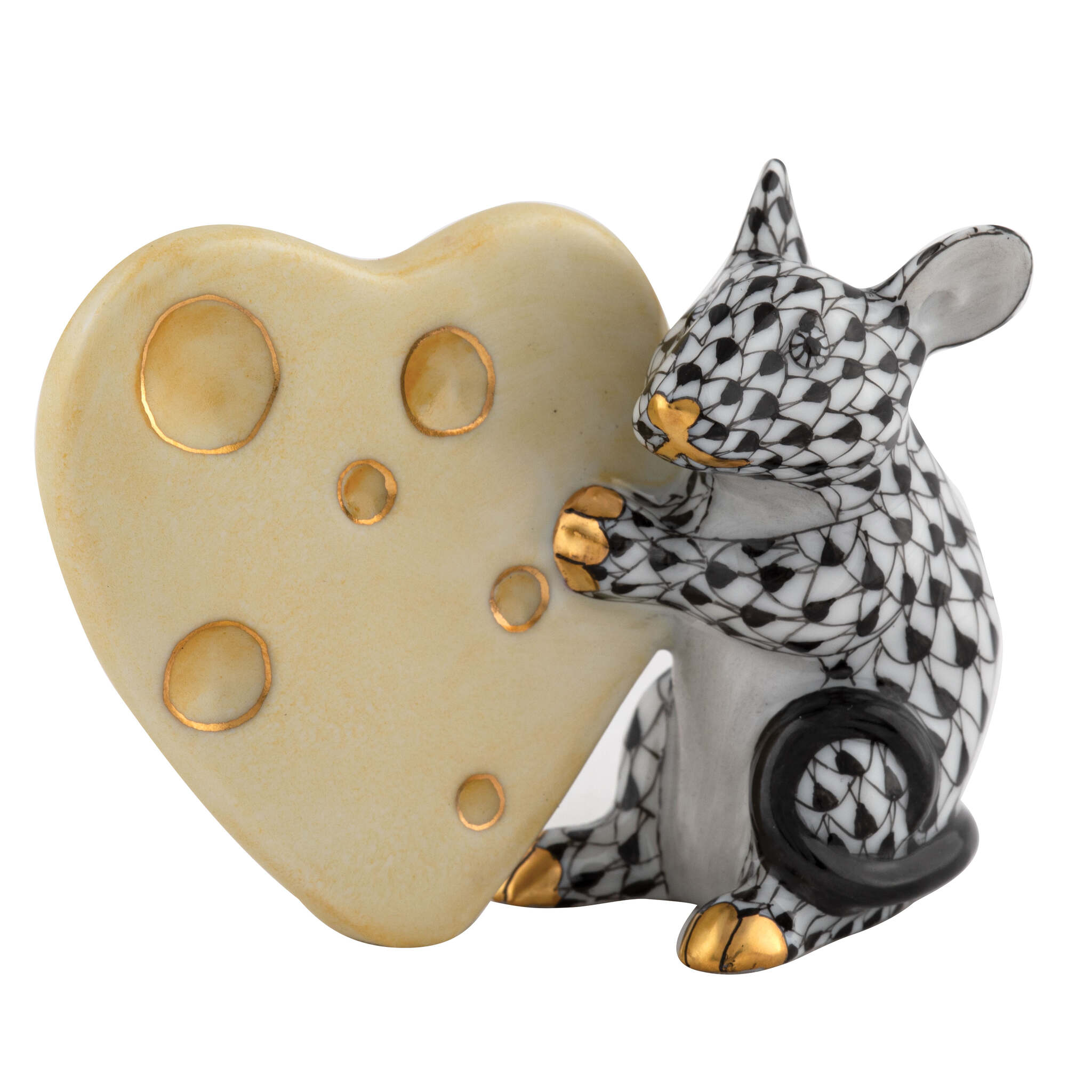 Hand-painted Herend Mouse with Heart Cheese Figurine in Black fishnet porcelain on a white background