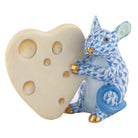 Hand-painted Herend Mouse with Heart Cheese Figurine in Blue fishnet porcelain on a white background