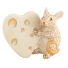 Hand-painted Herend Mouse with Heart Cheese Figurine in Butterscotch fishnet porcelain on a white background