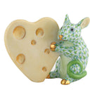 Hand-painted Herend Mouse with Heart Cheese Figurine in Key Lime fishnet porcelain on a white background