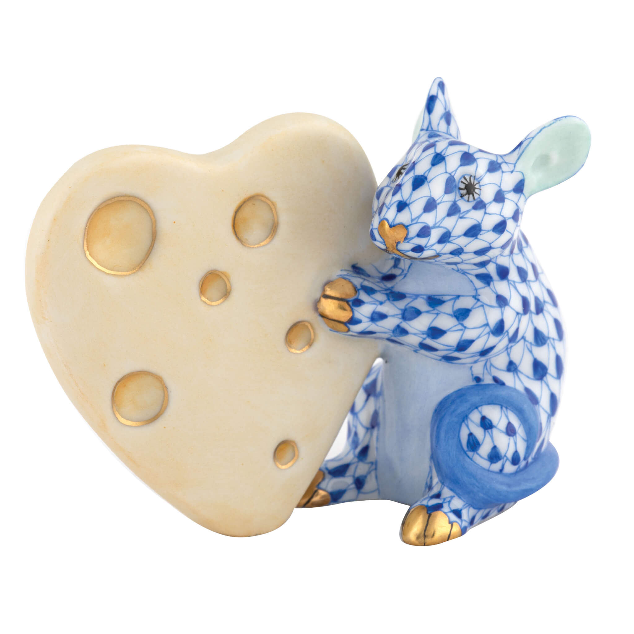 Herend Mouse with Heart Cheese figurine in Sapphire with deep sapphire blue fishnet pattern with gold accents on a white background