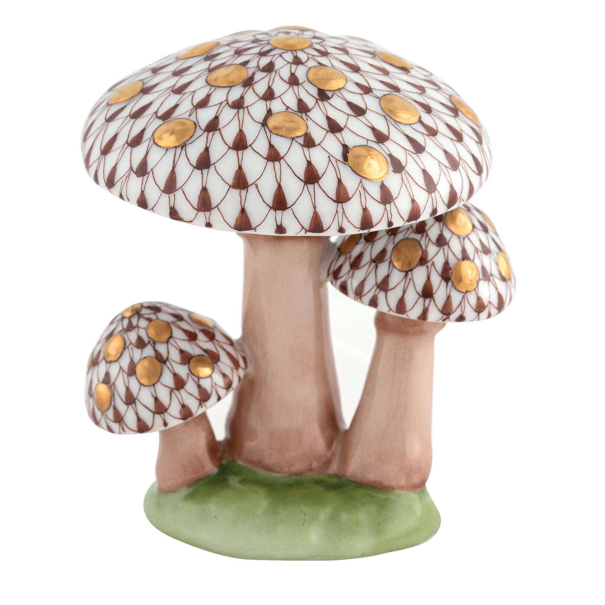 Herend Mushroom Trio Figurine porcelain figurine painted in the Chocolate fishnet pattern