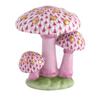 Hand-painted Herend Mushroom Trio Figurine in Raspberry fishnet porcelain on a white background