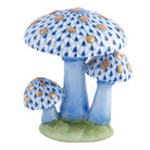 Hand-painted Herend Mushroom Trio Figurine in Sapphire fishnet porcelain on a white background