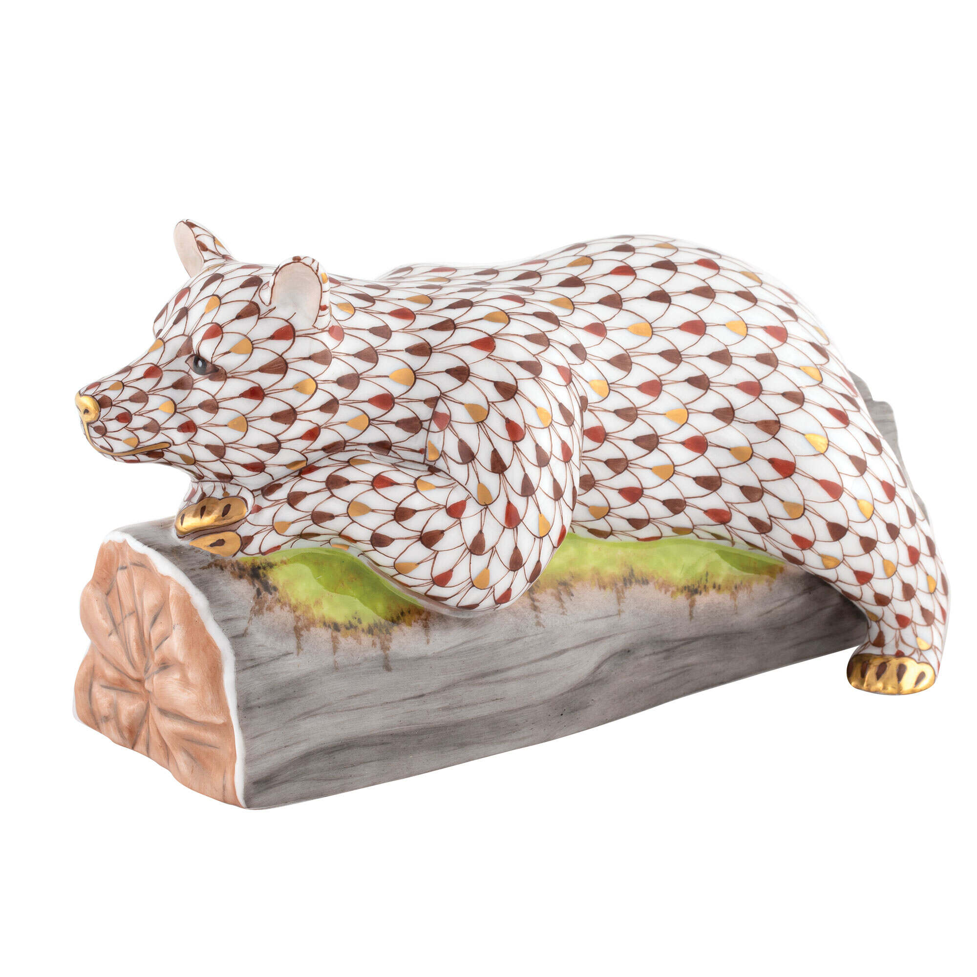 Hand-painted Herend Napping Bear Figurine in fine porcelain, 5.5in L X 3.5in W X 3.25in H, on a white background