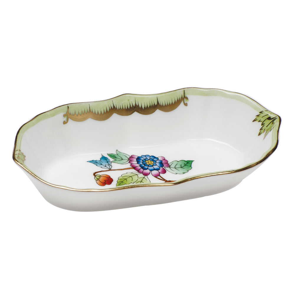 Hand-painted Herend Narrow Pin Dish Decorative Plate in fine porcelain, 5in L X 1in H, on a white background