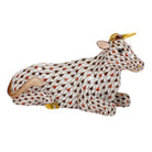 Hand-painted Herend Nativity Lying Cow Figurine in fine porcelain, 4.75in L X 2in W X 2.75in H, on a white background