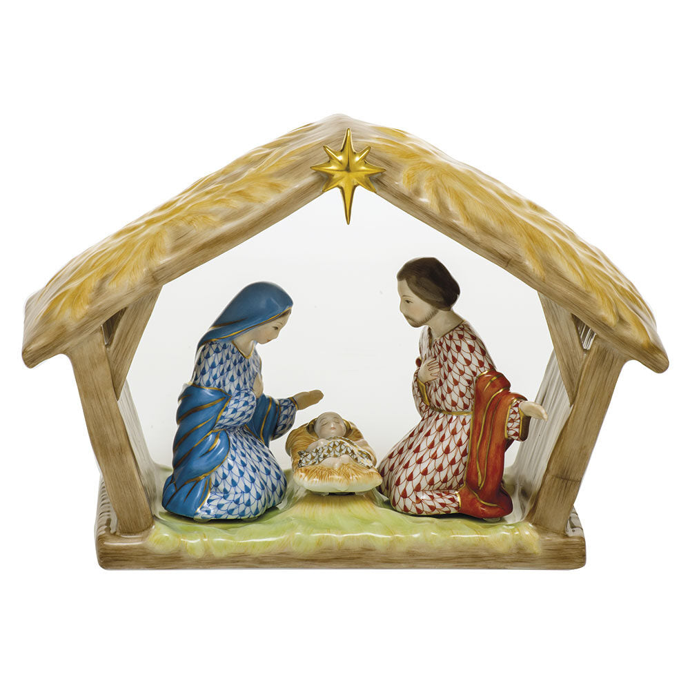 Hand-painted Herend Nativity Scene Figurine in fine porcelain, 9in L X 6in H, on a white background