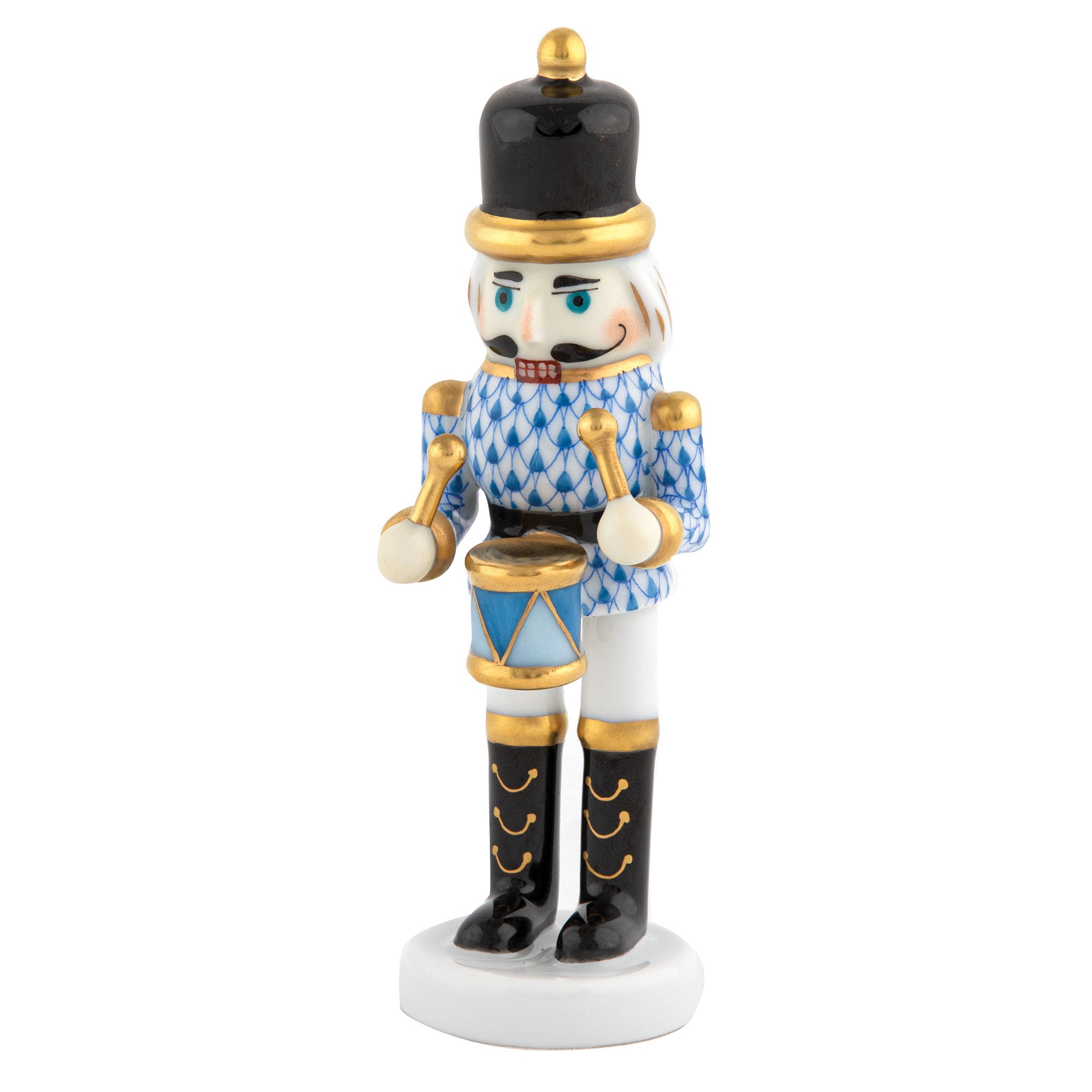 Hand-painted Herend Nutcracker Drummer Figurine in Blue fishnet porcelain on a white background