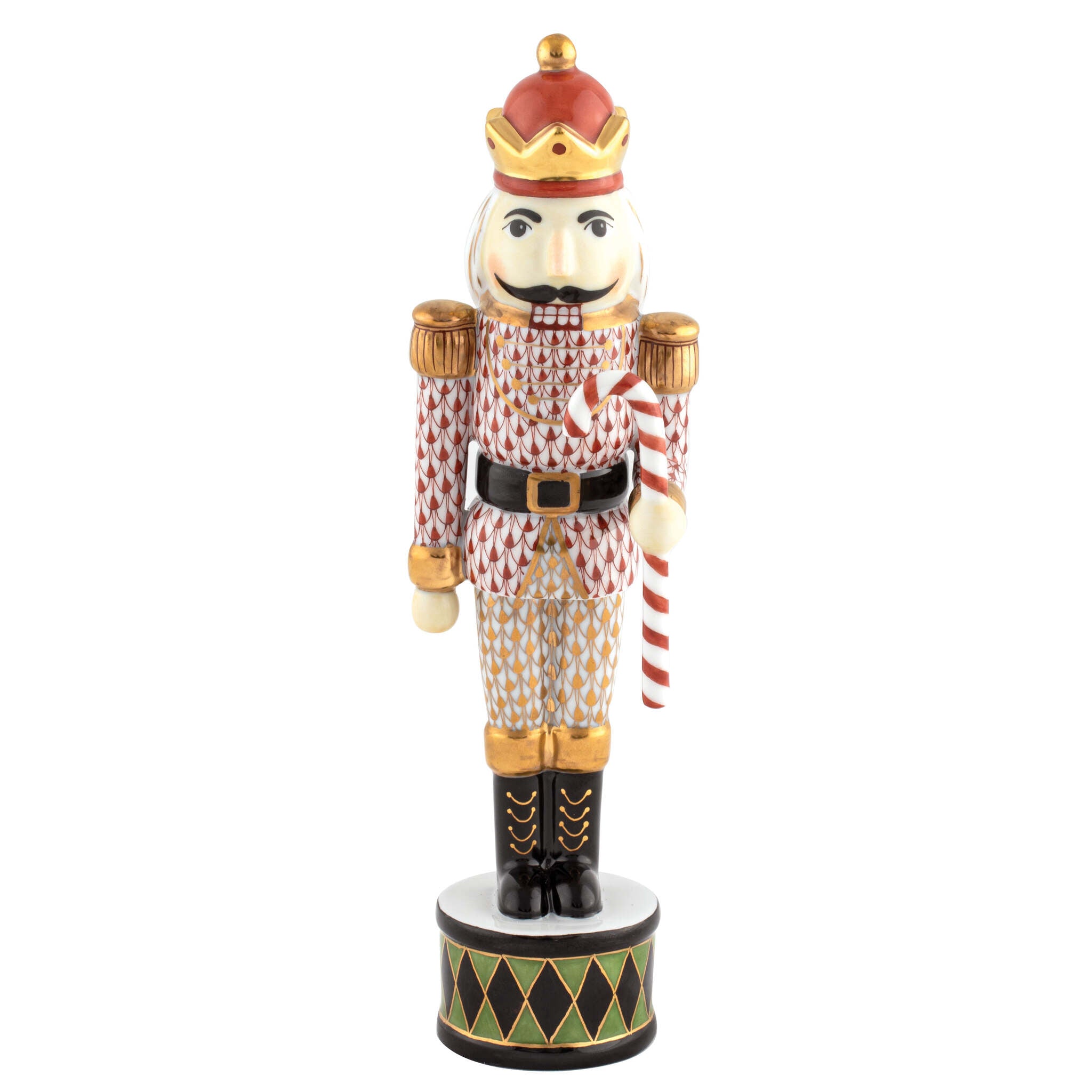 Hand-painted Herend Nutcracker with Candy Cane Figurine in fine porcelain, 2.5in L X 2.5in W X 8.5in H, on a white background