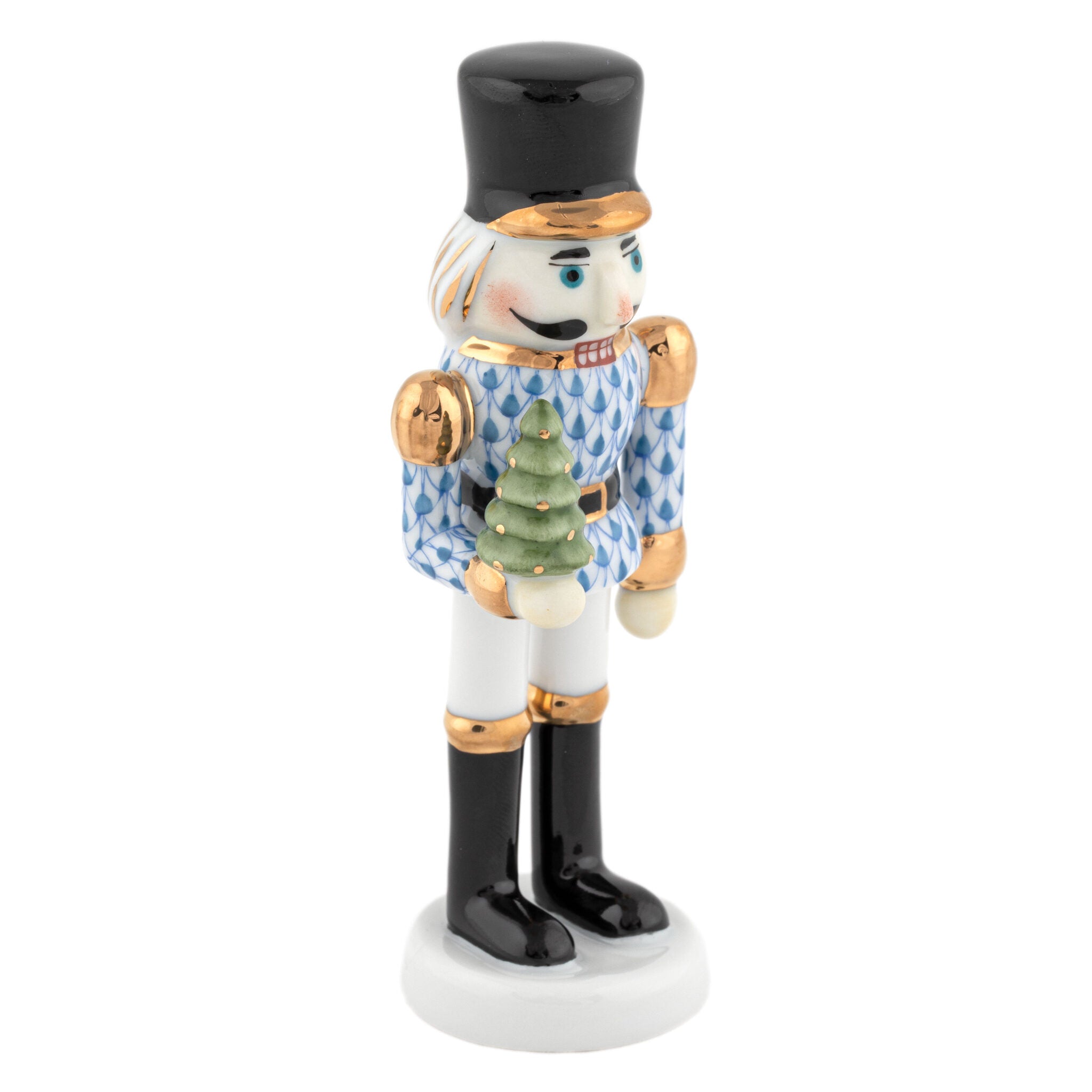 Blue fishnet Nutcracker with Christmas Tree Figurine figurine, hand-painted Herend porcelain with 24k gold accents