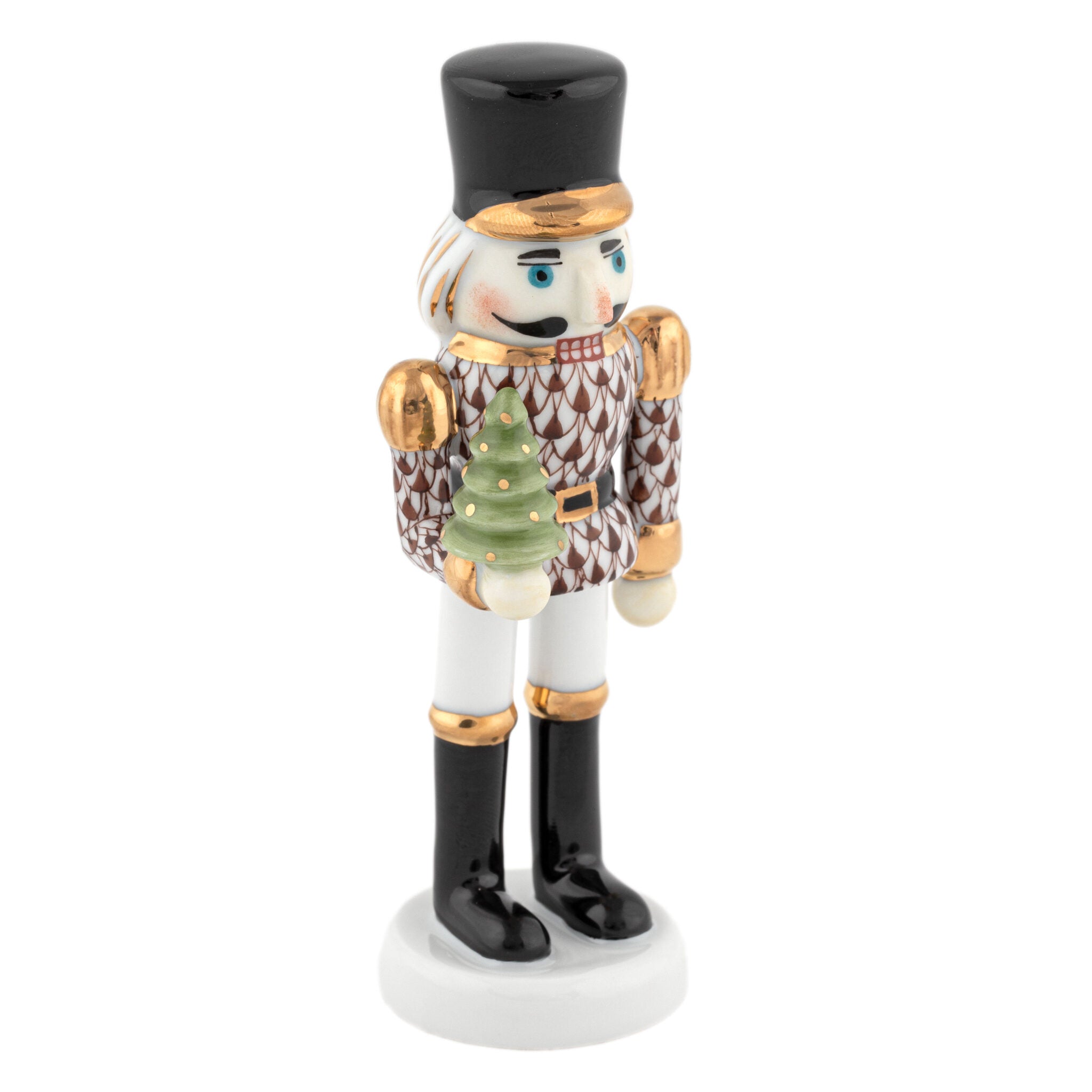 Herend Nutcracker with Christmas Tree Figurine porcelain figurine painted in the Chocolate fishnet pattern
