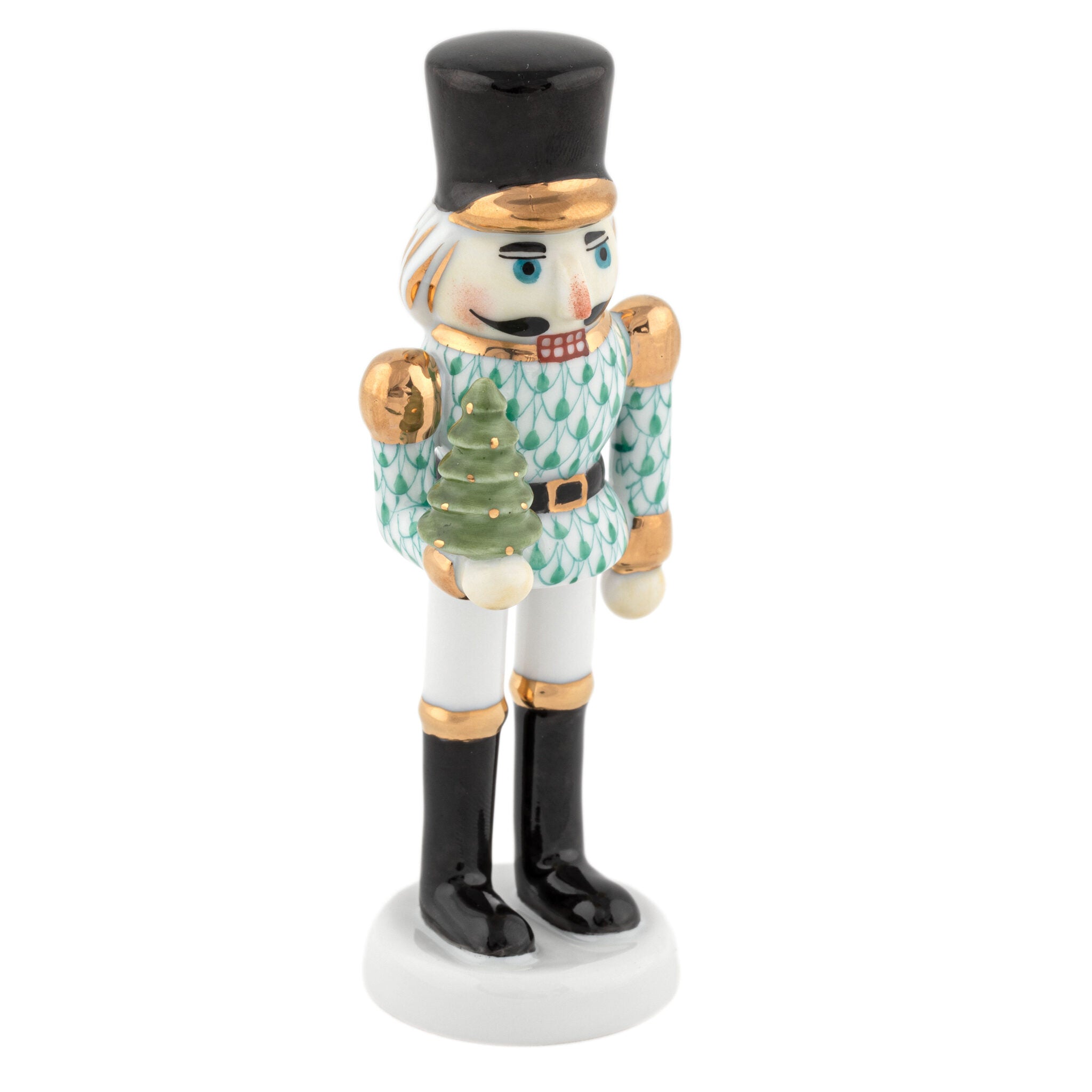 Green fishnet Nutcracker with Christmas Tree Figurine figurine, hand-painted Herend porcelain with 24k gold accents