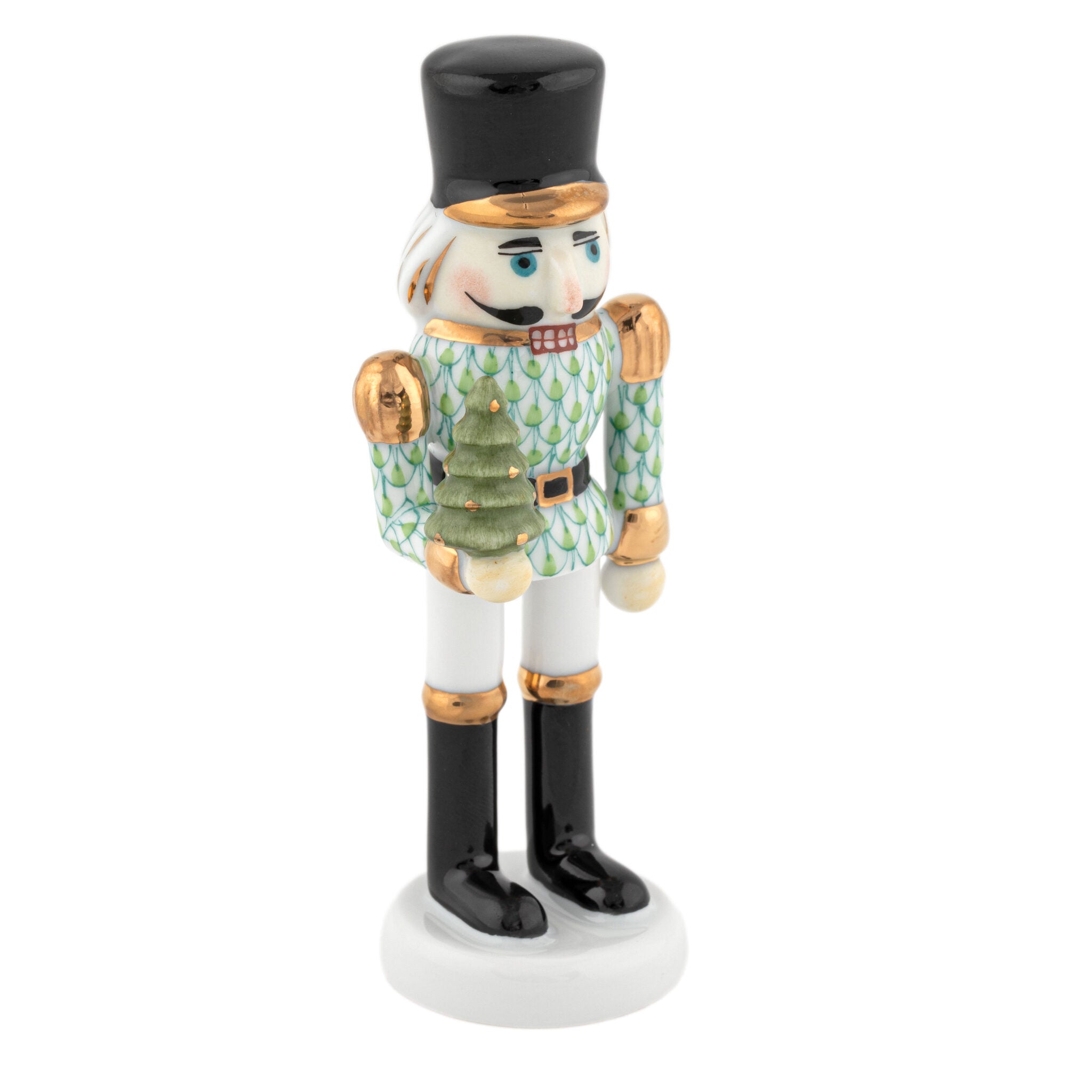 Key Lime fishnet Nutcracker with Christmas Tree Figurine figurine, hand-painted Herend porcelain with 24k gold accents