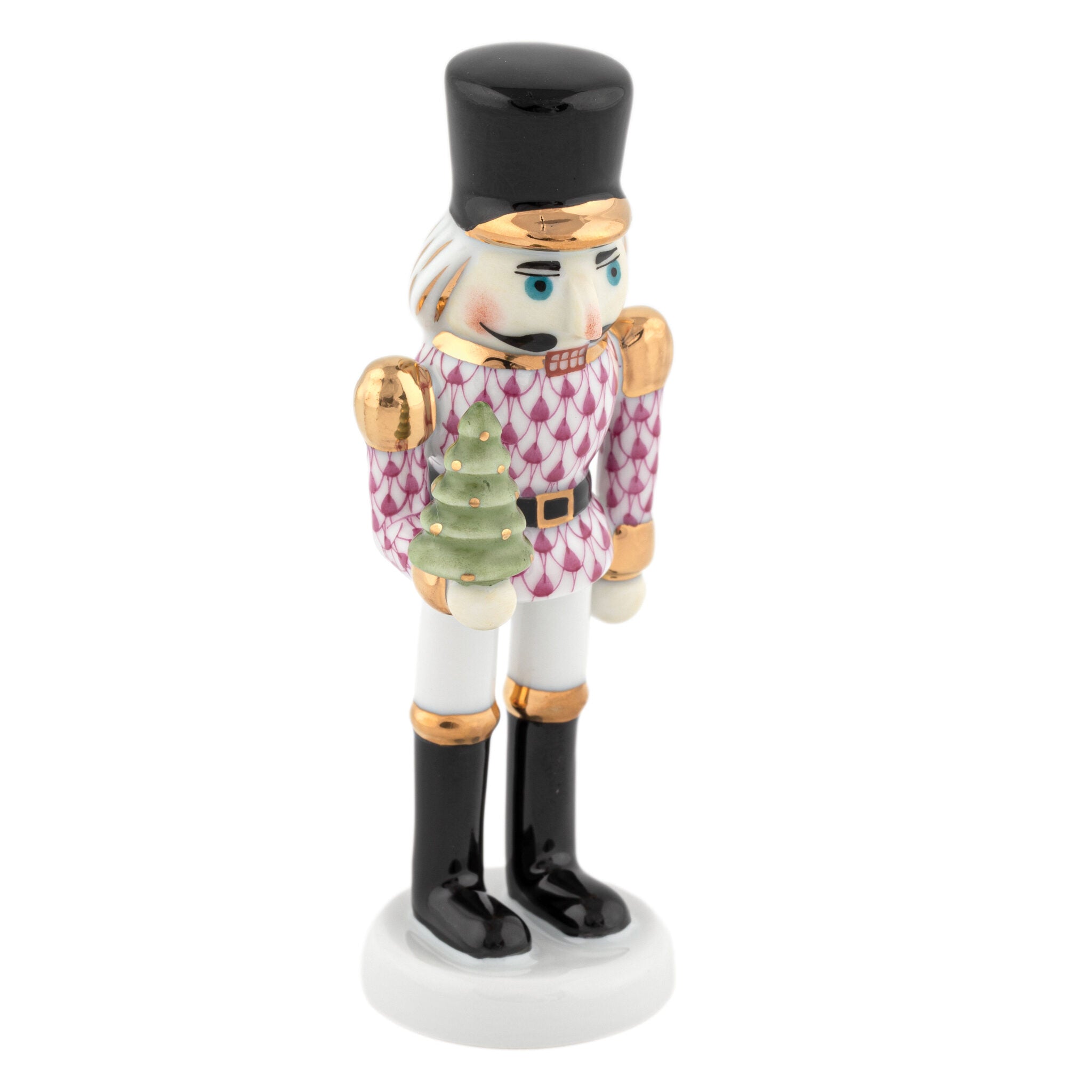 Nutcracker with Christmas Tree Figurine in hand-painted Raspberry porcelain by Herend of Hungary