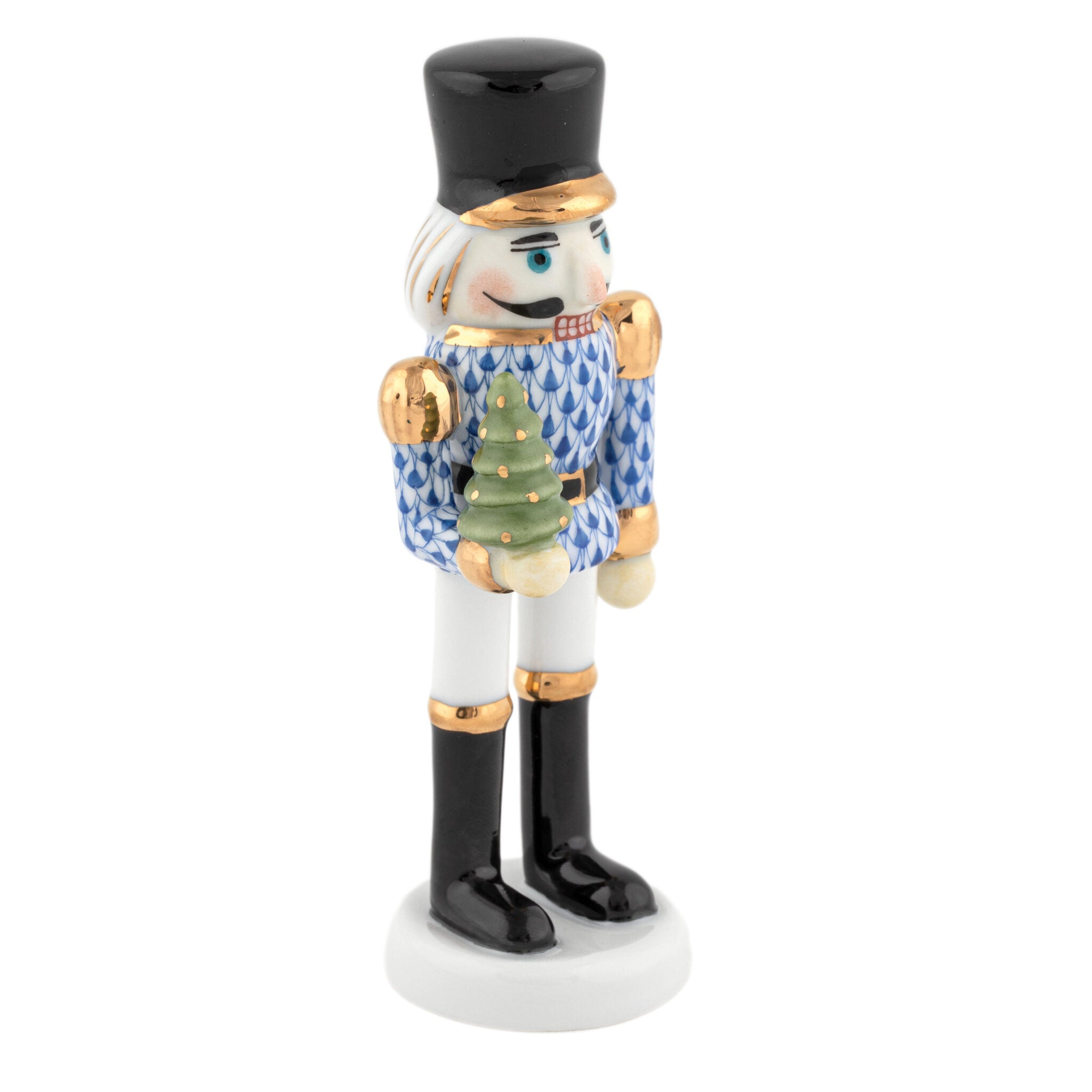 Nutcracker with Christmas Tree Figurine in hand-painted Sapphire porcelain by Herend of Hungary