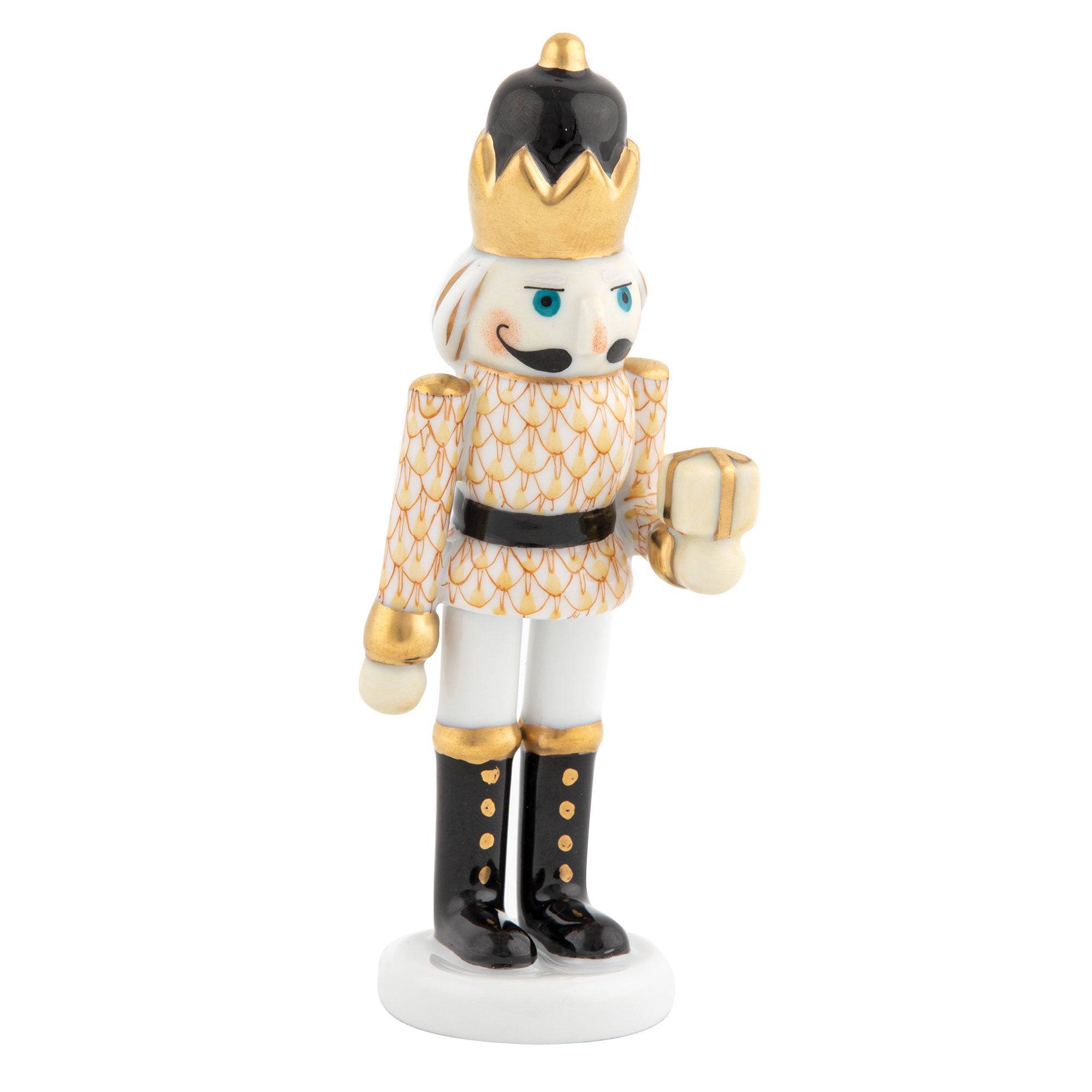 Butterscotch fishnet Nutcracker with Gift Figurine figurine, hand-painted Herend porcelain with 24k gold accents