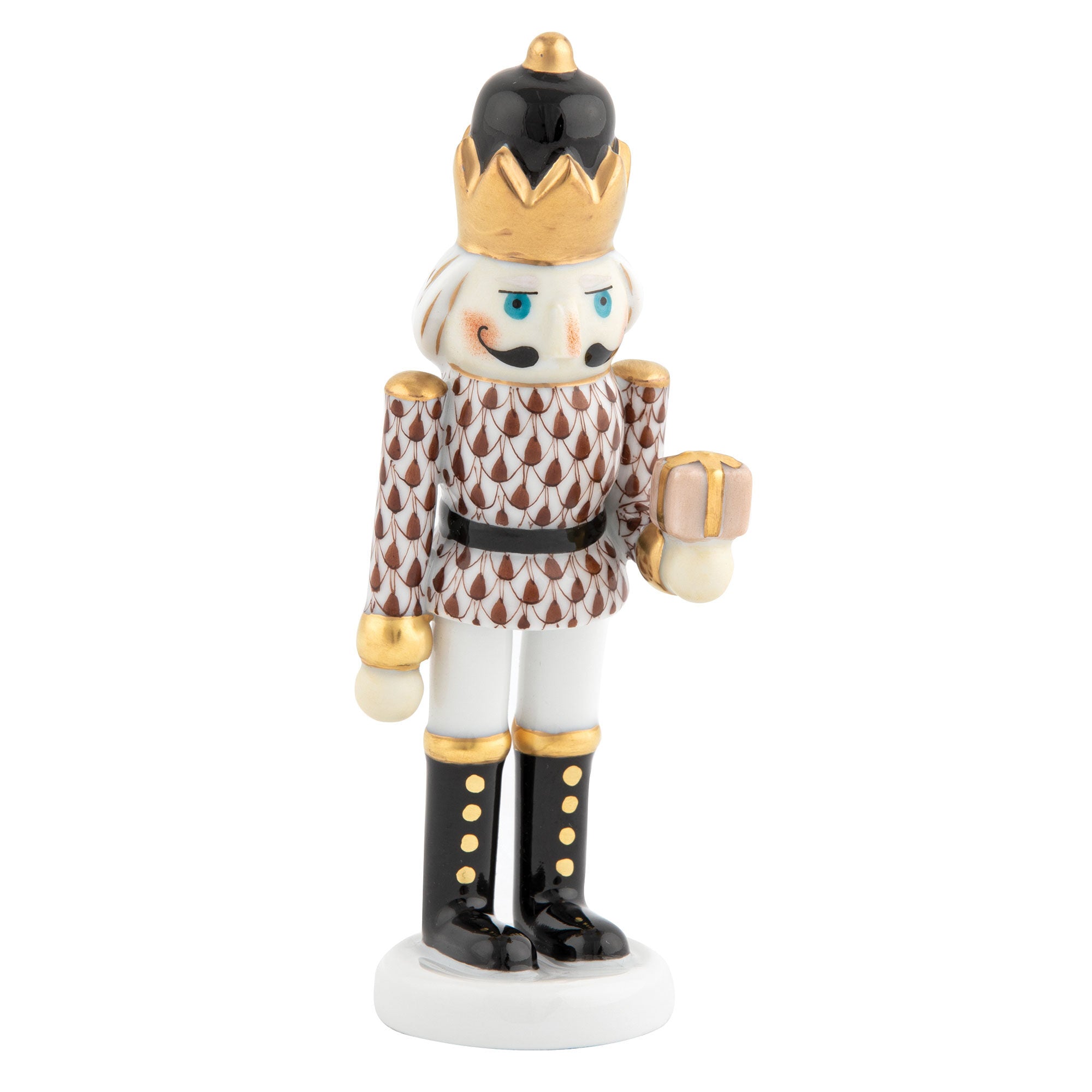Herend Nutcracker with Gift Figurine porcelain figurine painted in the Chocolate fishnet pattern