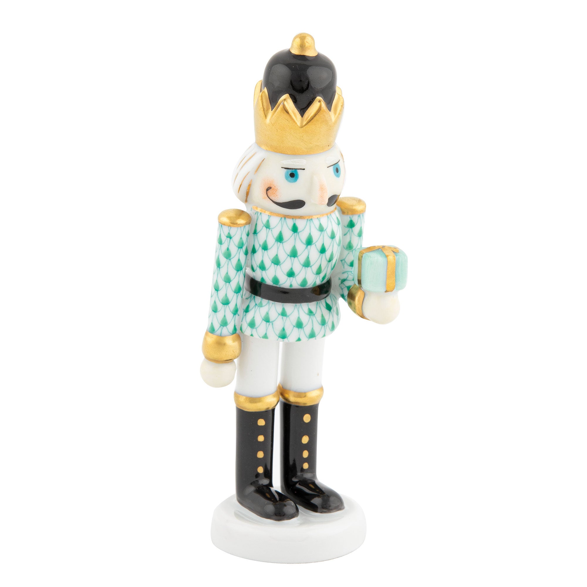 Green fishnet Nutcracker with Gift Figurine figurine, hand-painted Herend porcelain with 24k gold accents