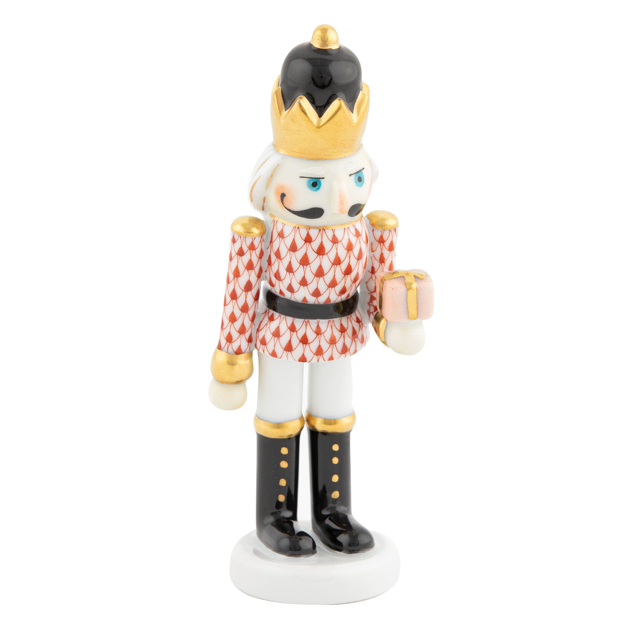 Rust fishnet Nutcracker with Gift Figurine figurine, hand-painted Herend porcelain with 24k gold accents