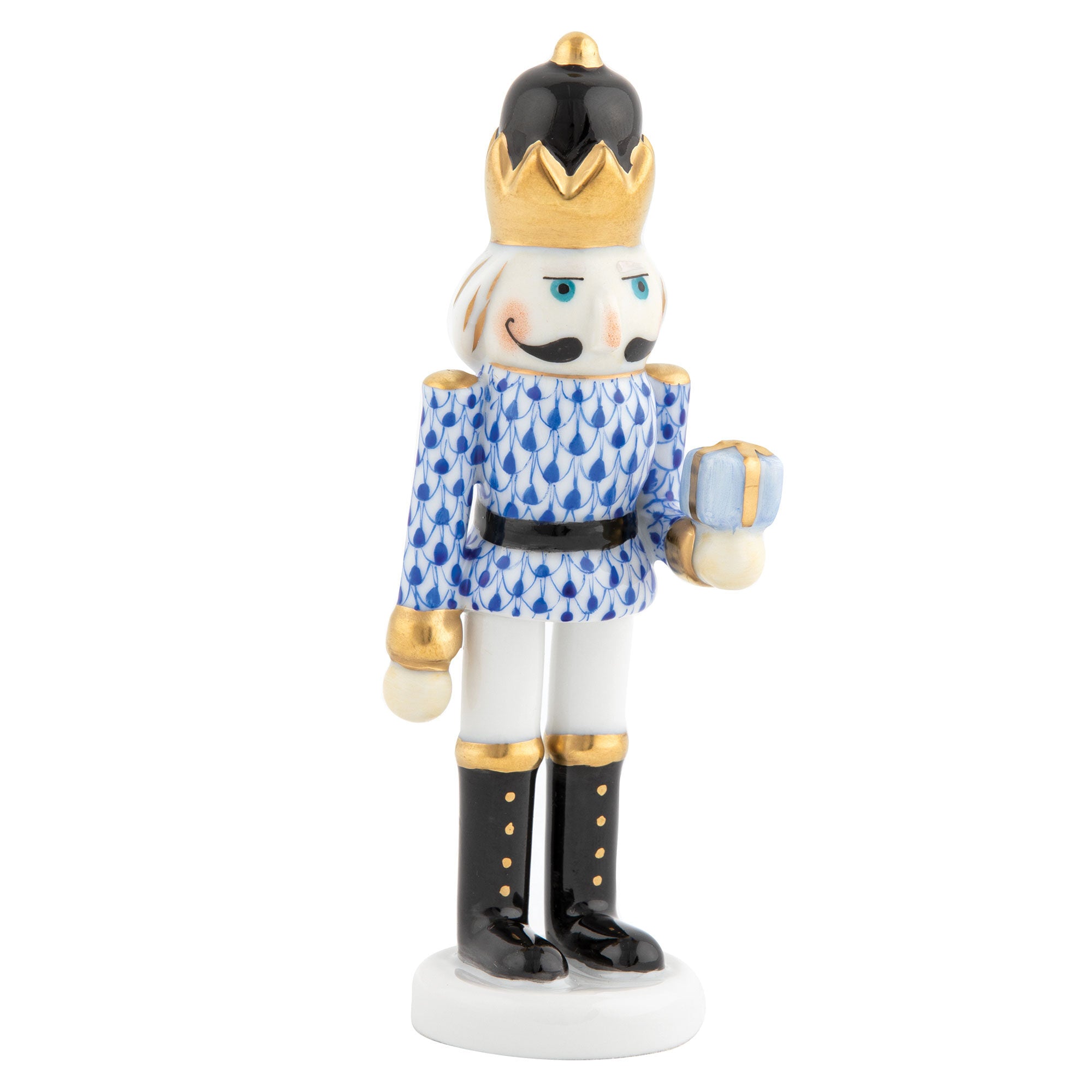Hand-painted Herend Nutcracker with Gift Figurine in Sapphire fishnet porcelain on a white background