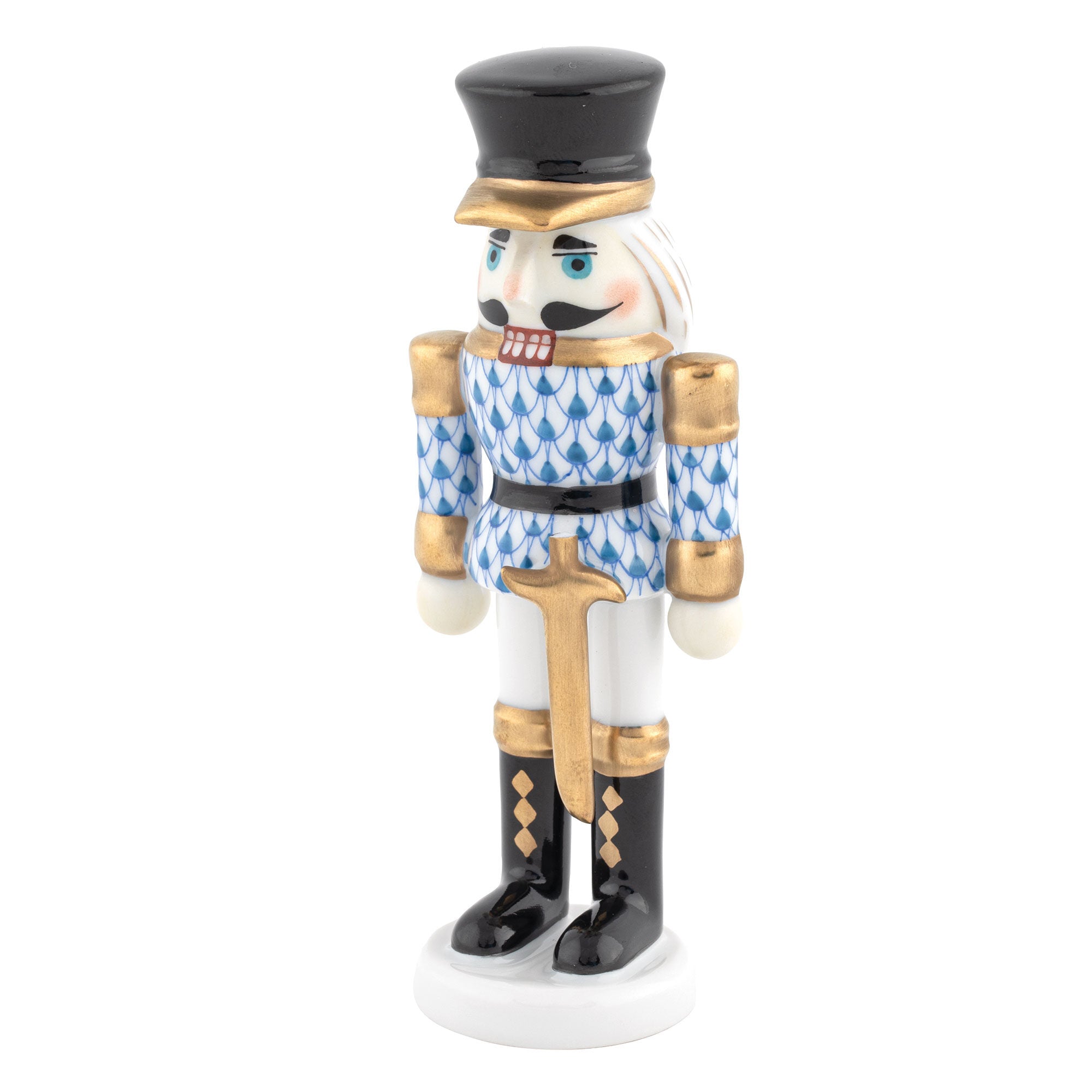 Blue fishnet Nutcracker with Sword Figurine figurine, hand-painted Herend porcelain with 24k gold accents
