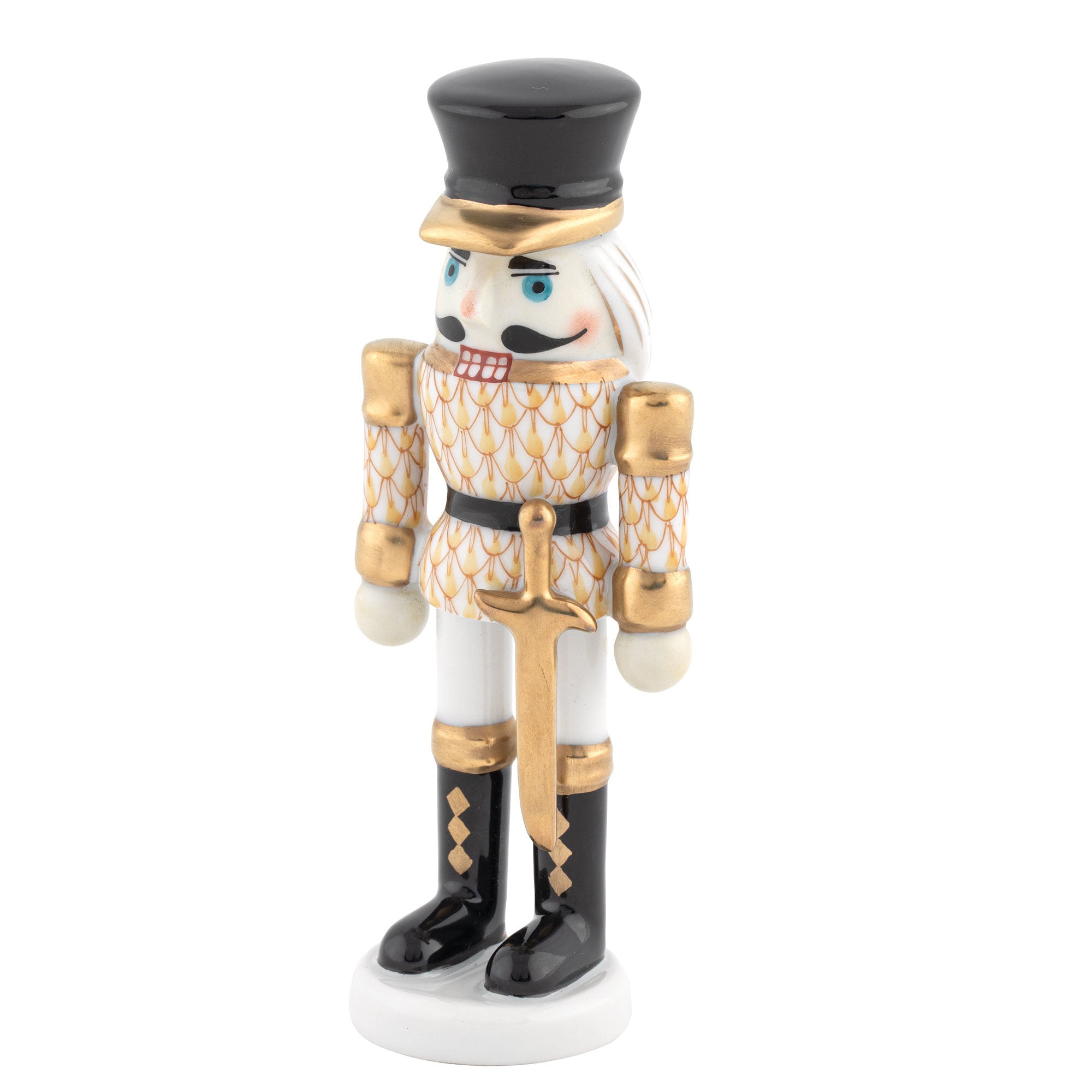 Butterscotch fishnet Nutcracker with Sword Figurine figurine, hand-painted Herend porcelain with 24k gold accents