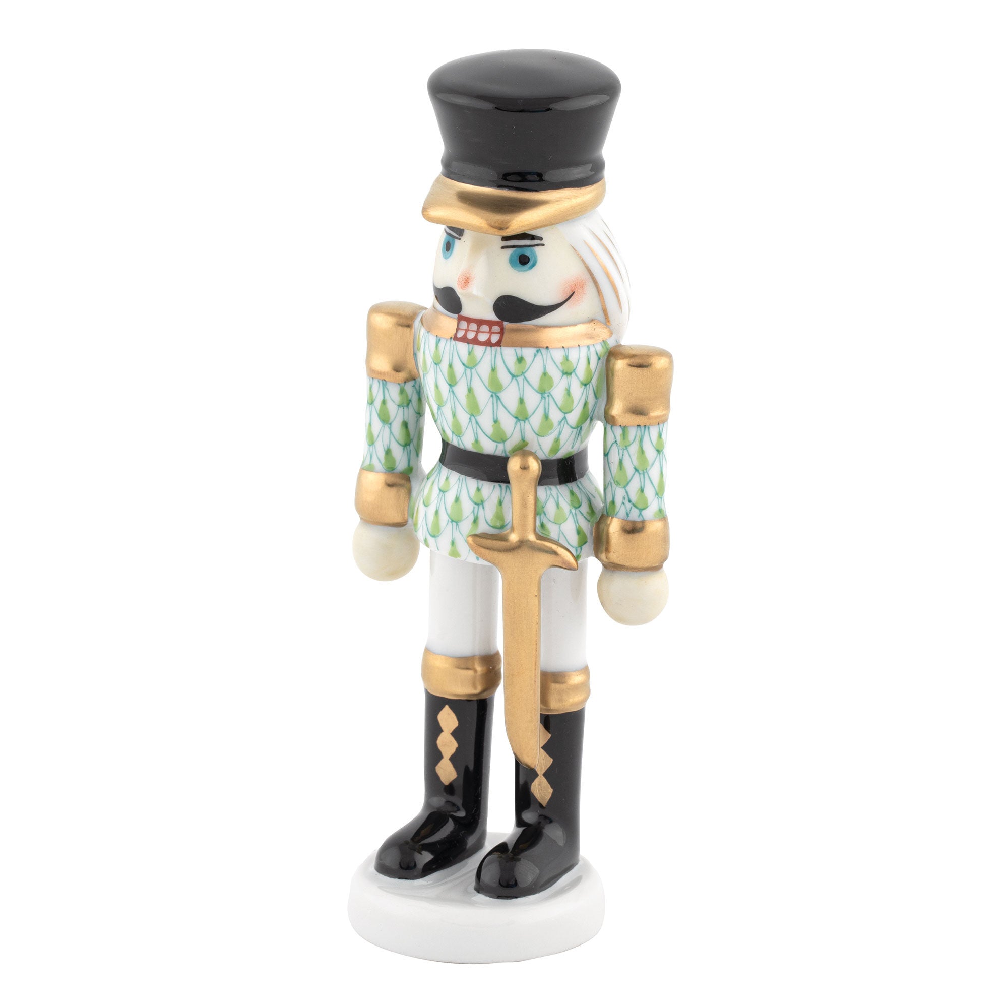 Key Lime fishnet Nutcracker with Sword Figurine figurine, hand-painted Herend porcelain with 24k gold accents