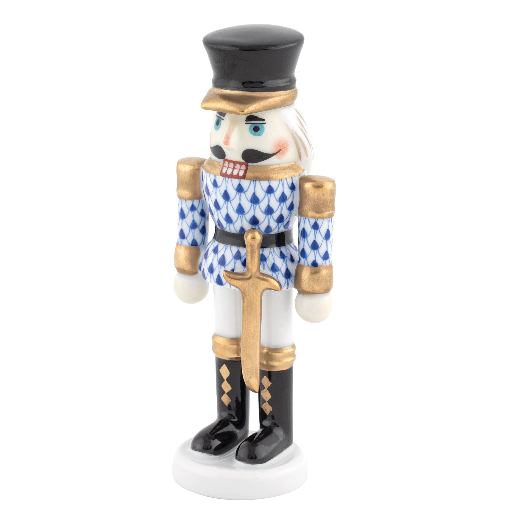 Herend Nutcracker with Sword Figurine porcelain figurine painted in the Sapphire fishnet pattern
