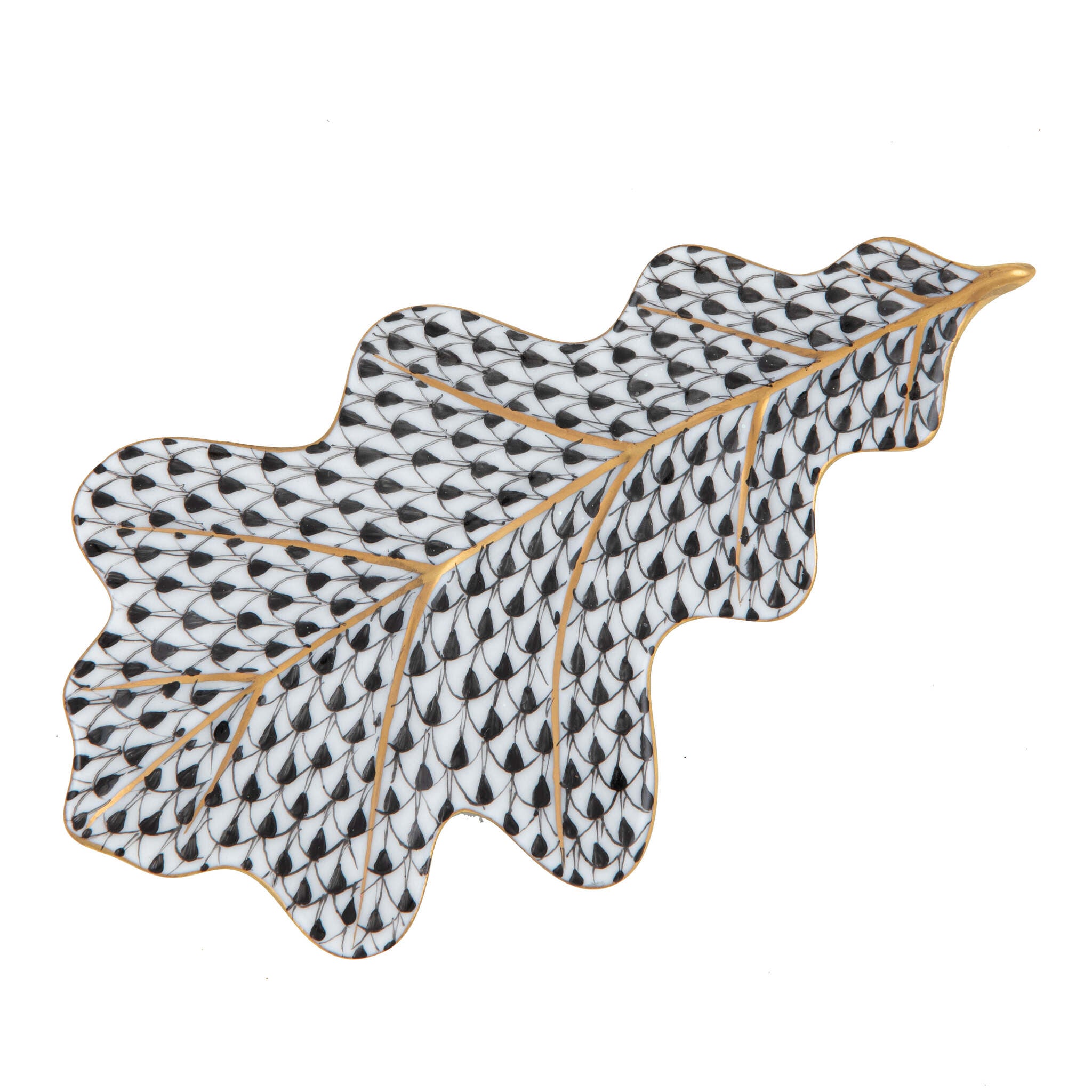 Hand-painted Herend Oak Leaf Figurine in Black fishnet porcelain on a white background