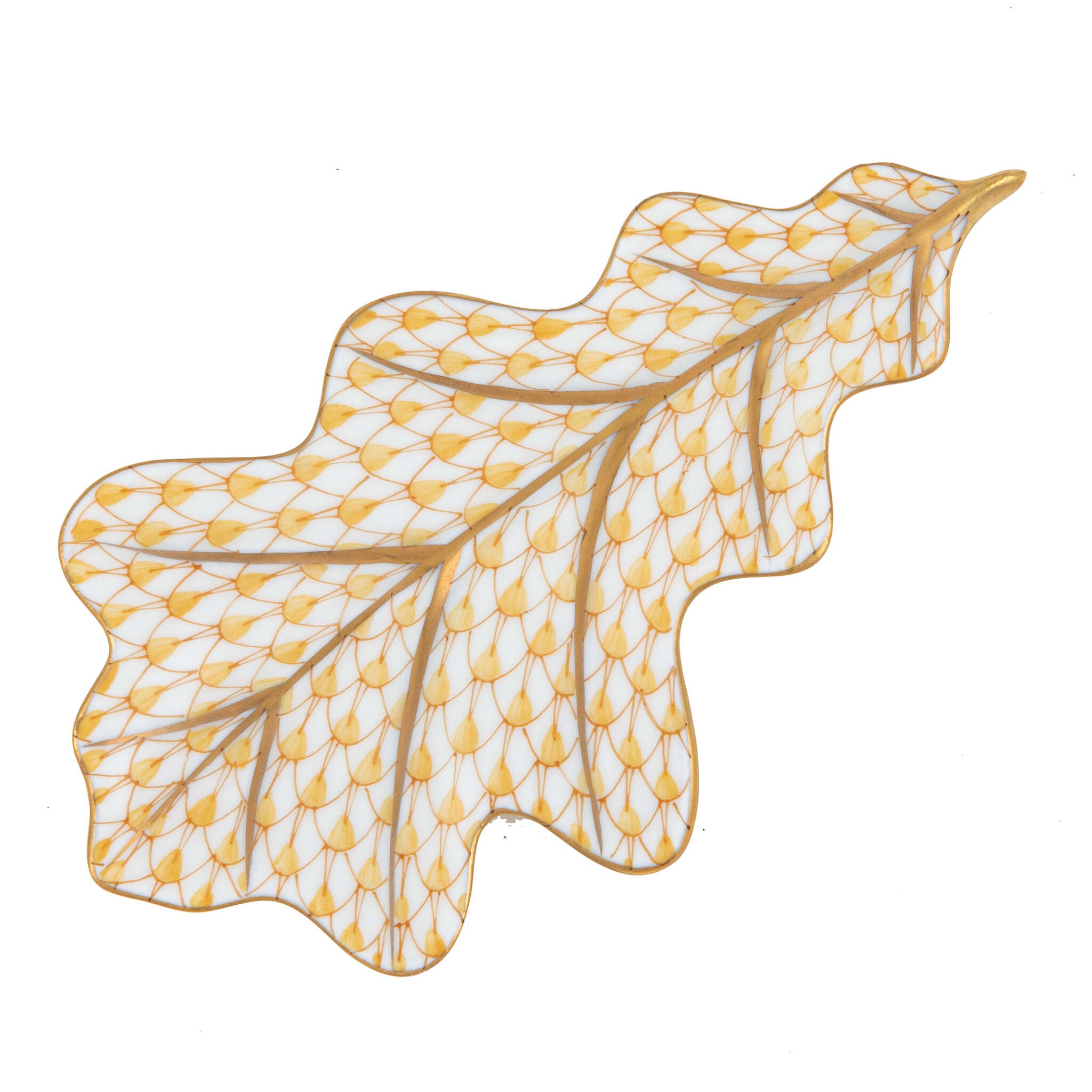 Hand-painted Herend Oak Leaf Figurine in Butterscotch fishnet porcelain on a white background