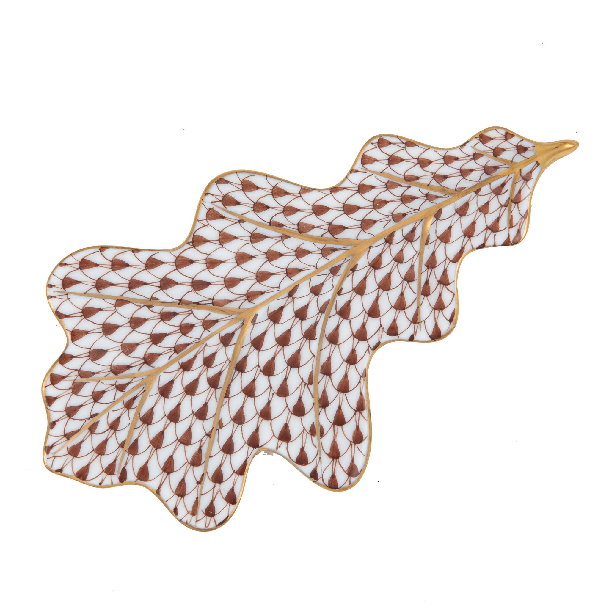 Hand-painted Herend Oak Leaf Figurine in Chocolate fishnet porcelain on a white background