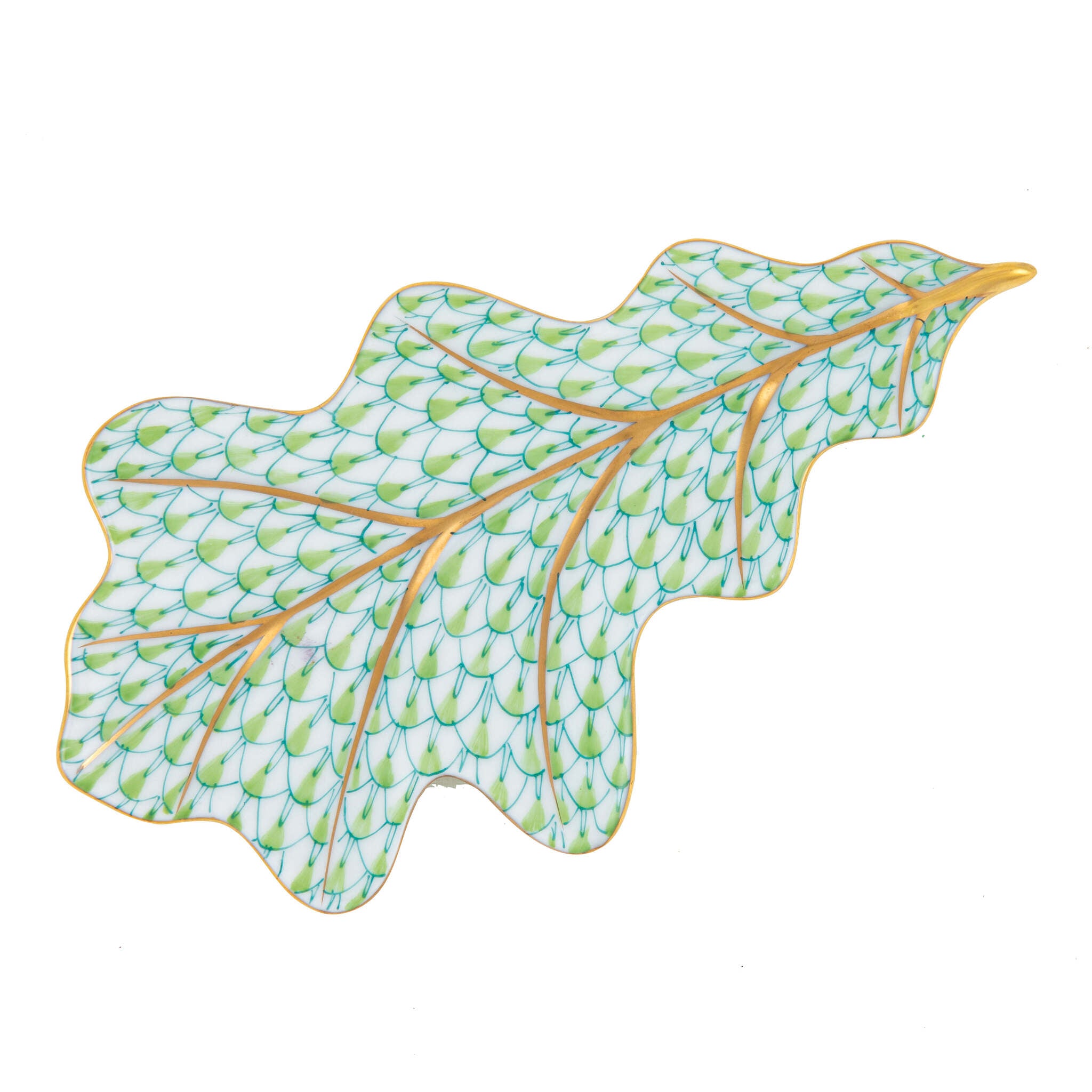 Hand-painted Herend Oak Leaf Figurine in Key Lime fishnet porcelain on a white background