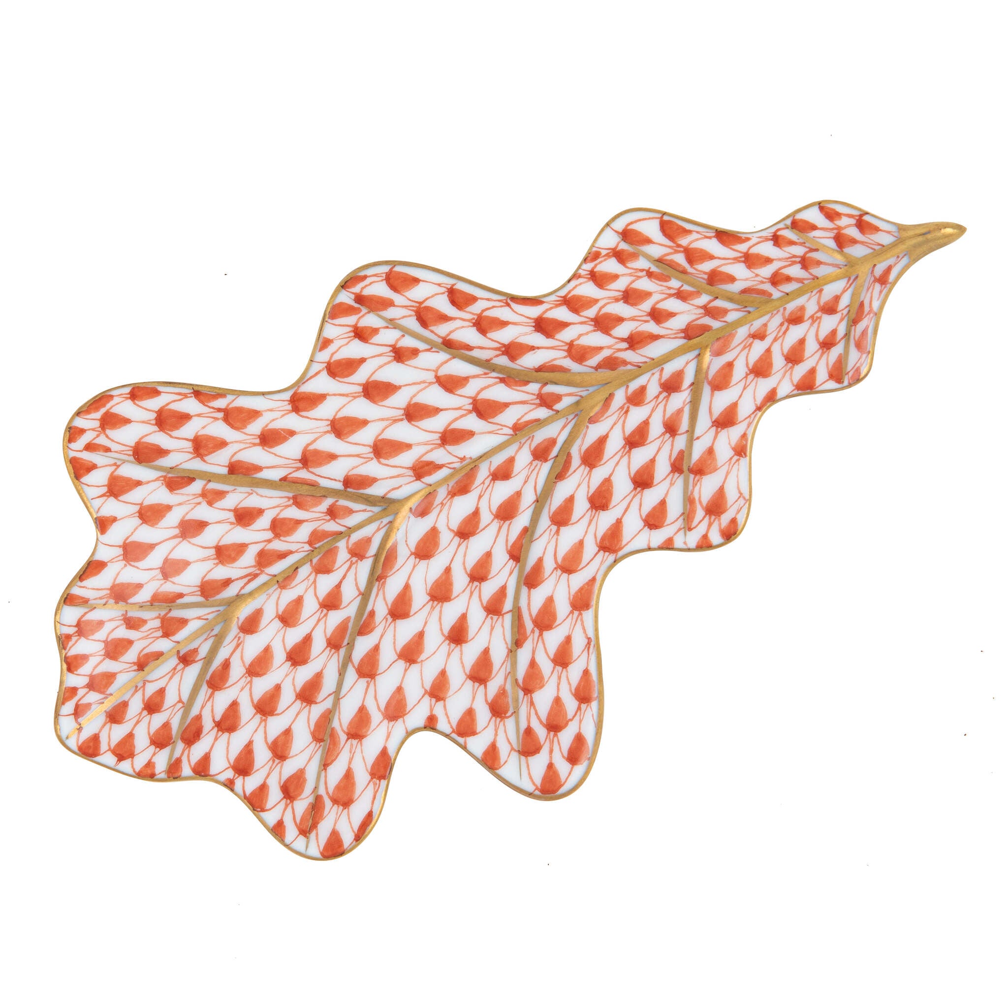 Rust fishnet Oak Leaf Figurine figurine, hand-painted Herend porcelain with 24k gold accents