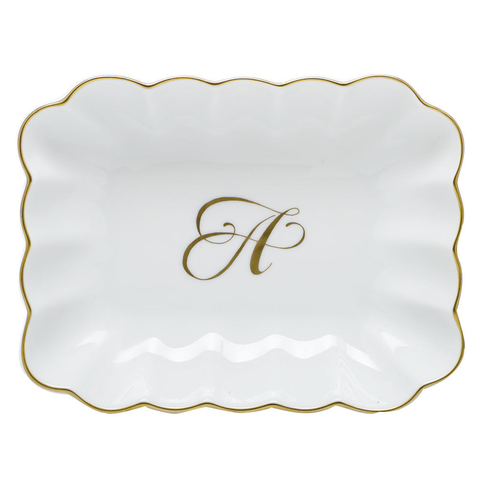Hand-painted Herend Oblong Dish with Monogram Decorative Plate in fine porcelain, 7.25in L X 5.5in W X 1.5in H, on a white background, Monogram A