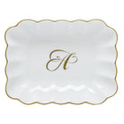 Hand-painted Herend Oblong Dish with Monogram Decorative Plate in fine porcelain, 7.25in L X 5.5in W X 1.5in H, on a white background, Monogram A