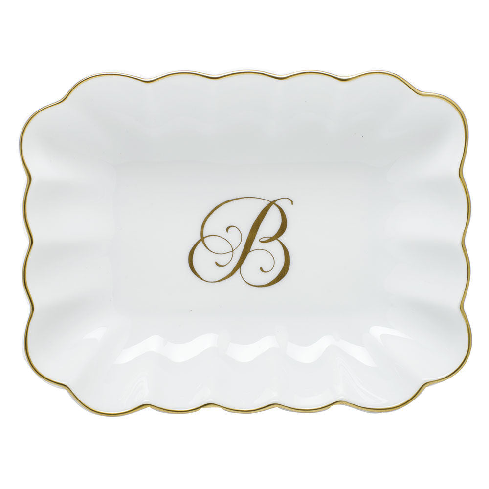 Hand-painted Herend Oblong Dish with Monogram Decorative Plate in fine porcelain, 7.25in L X 5.5in W X 1.5in H, on a white background, Monogram B