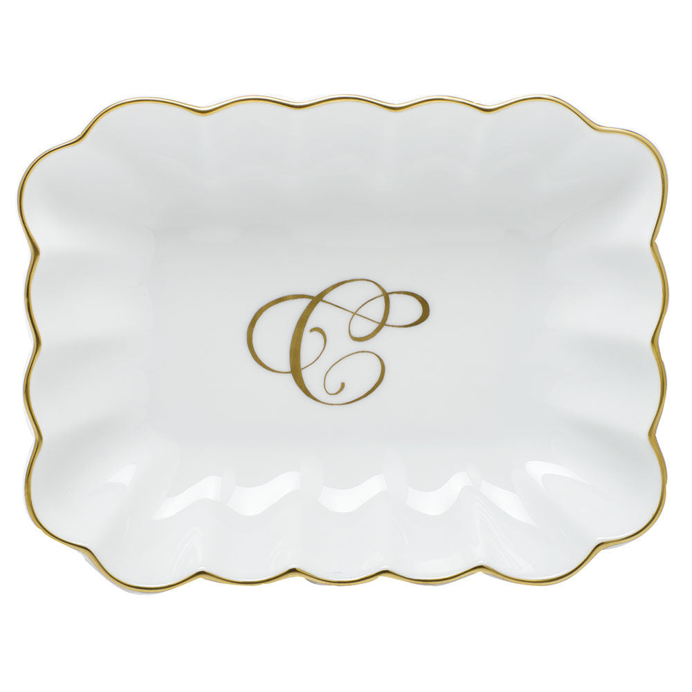 Hand-painted Herend Oblong Dish with Monogram Decorative Plate in fine porcelain, 7.25in L X 5.5in W X 1.5in H, on a white background, Monogram C
