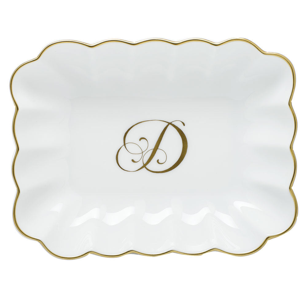 Hand-painted Herend Oblong Dish with Monogram Decorative Plate in fine porcelain, 7.25in L X 5.5in W X 1.5in H, on a white background, Monogram D