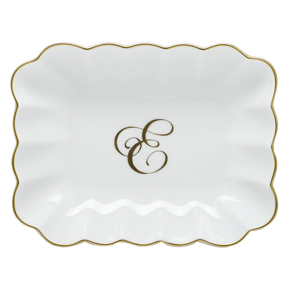 Hand-painted Herend Oblong Dish with Monogram Decorative Plate in fine porcelain, 7.25in L X 5.5in W X 1.5in H, on a white background, Monogram E