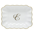 Hand-painted Herend Oblong Dish with Monogram Decorative Plate in fine porcelain, 7.25in L X 5.5in W X 1.5in H, on a white background, Monogram E