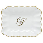 Hand-painted Herend Oblong Dish with Monogram Decorative Plate in fine porcelain, 7.25in L X 5.5in W X 1.5in H, on a white background, Monogram F