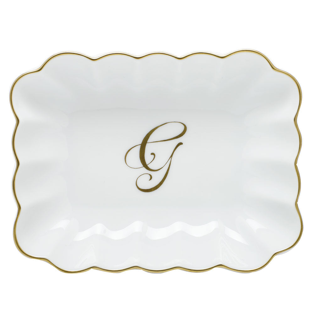 Hand-painted Herend Oblong Dish with Monogram Decorative Plate in fine porcelain, 7.25in L X 5.5in W X 1.5in H, on a white background, Monogram G