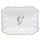 Hand-painted Herend Oblong Dish with Monogram Decorative Plate in fine porcelain, 7.25in L X 5.5in W X 1.5in H, on a white background, Monogram G