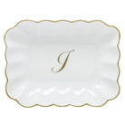 Hand-painted Herend Oblong Dish with Monogram Decorative Plate in fine porcelain, 7.25in L X 5.5in W X 1.5in H, on a white background, Monogram I