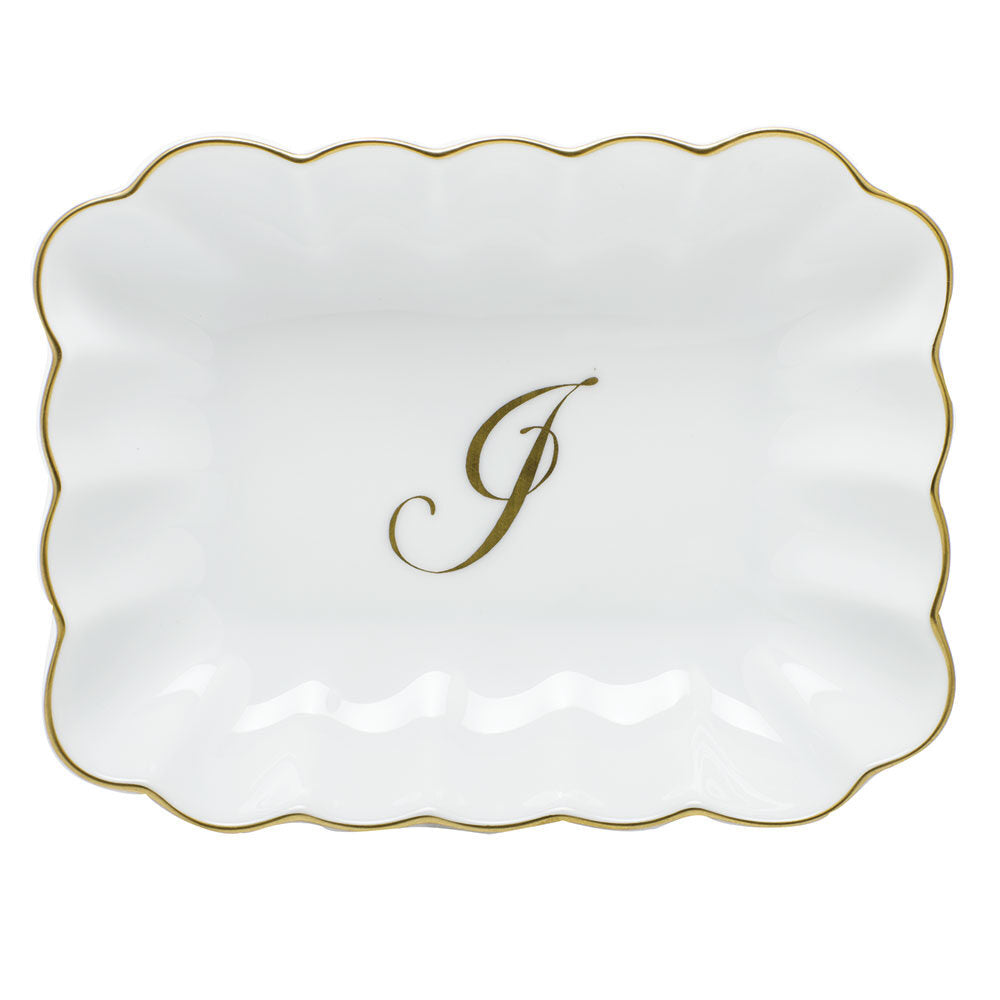 Hand-painted Herend Oblong Dish with Monogram Decorative Plate in fine porcelain, 7.25in L X 5.5in W X 1.5in H, on a white background, Monogram J
