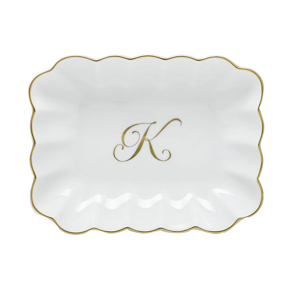 Hand-painted Herend Oblong Dish with Monogram Decorative Plate in fine porcelain, 7.25in L X 5.5in W X 1.5in H, on a white background, Monogram K