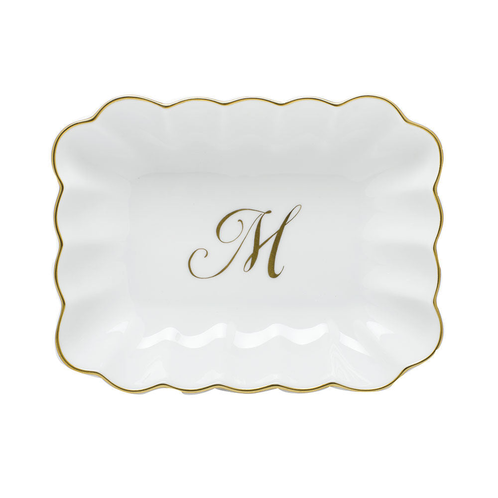 Hand-painted Herend Oblong Dish with Monogram Decorative Plate in fine porcelain, 7.25in L X 5.5in W X 1.5in H, on a white background, Monogram M