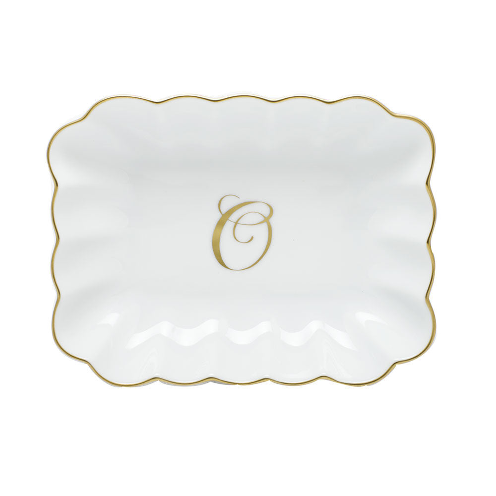 Hand-painted Herend Oblong Dish with Monogram Decorative Plate in fine porcelain, 7.25in L X 5.5in W X 1.5in H, on a white background, Monogram O