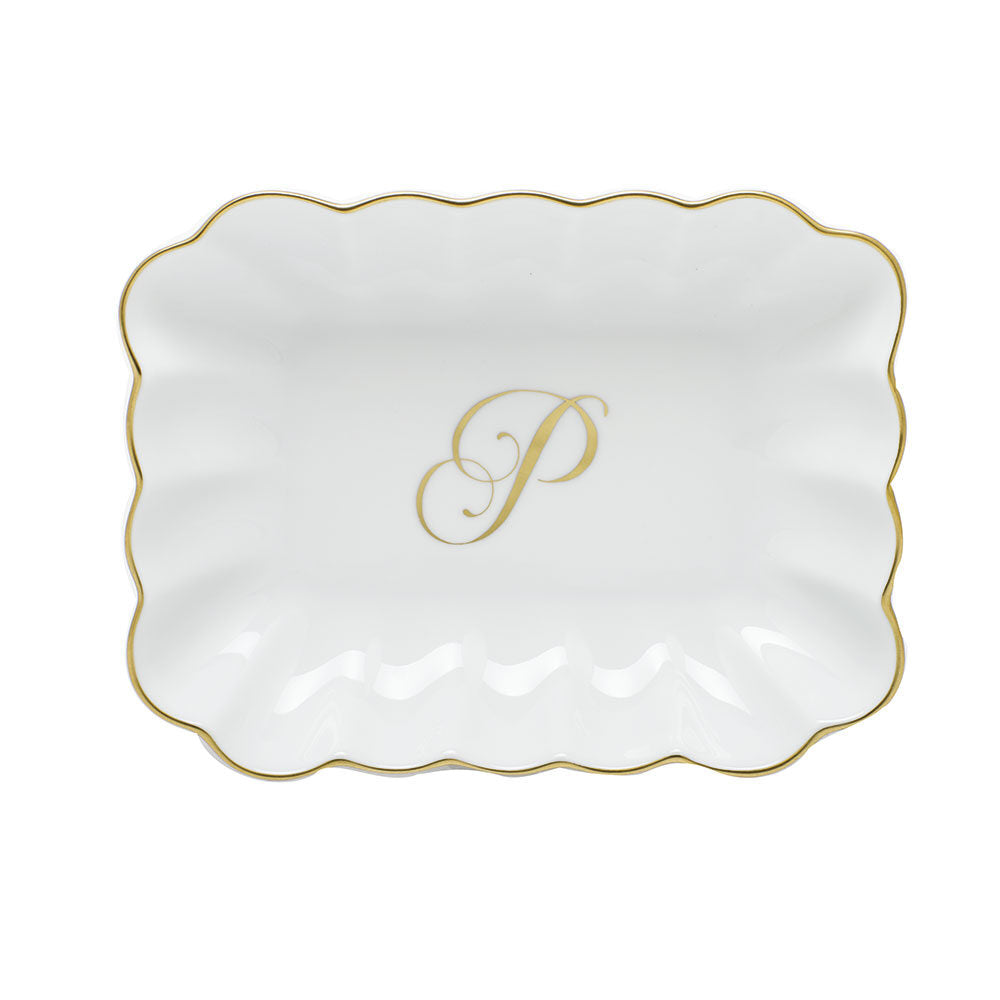 Hand-painted Herend Oblong Dish with Monogram Decorative Plate in fine porcelain, 7.25in L X 5.5in W X 1.5in H, on a white background, Monogram P
